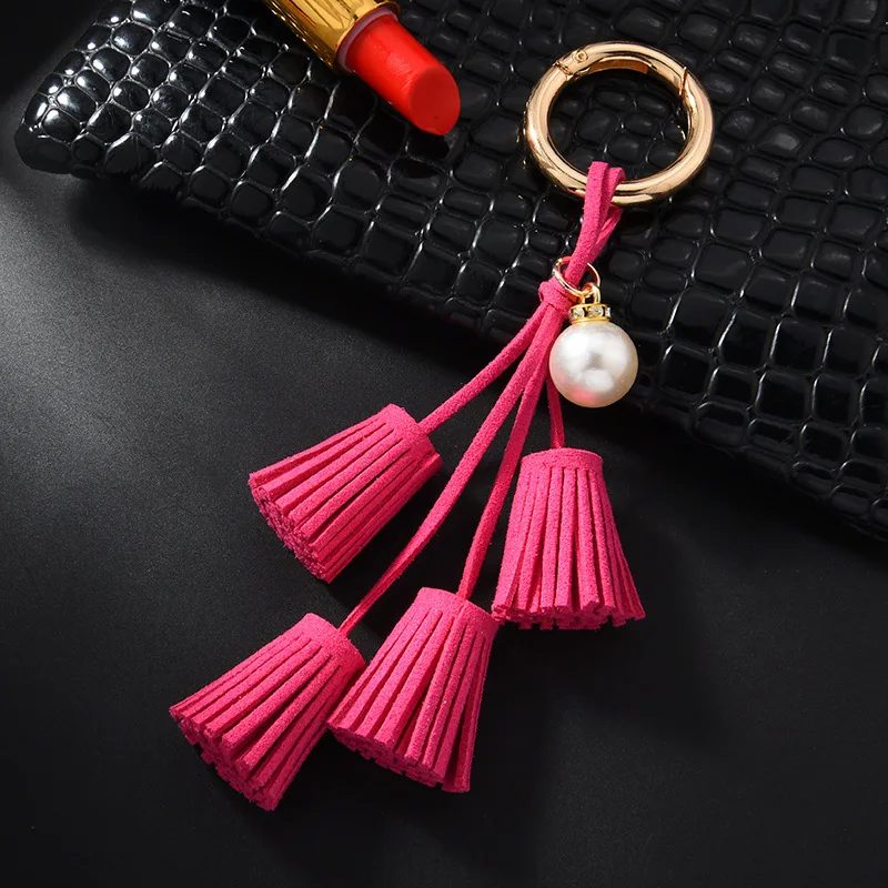 Korean Suede Tassel Keychain Leather Tassel Pearl Pendant Car Charm Ladies Key Chain Bag Pendant