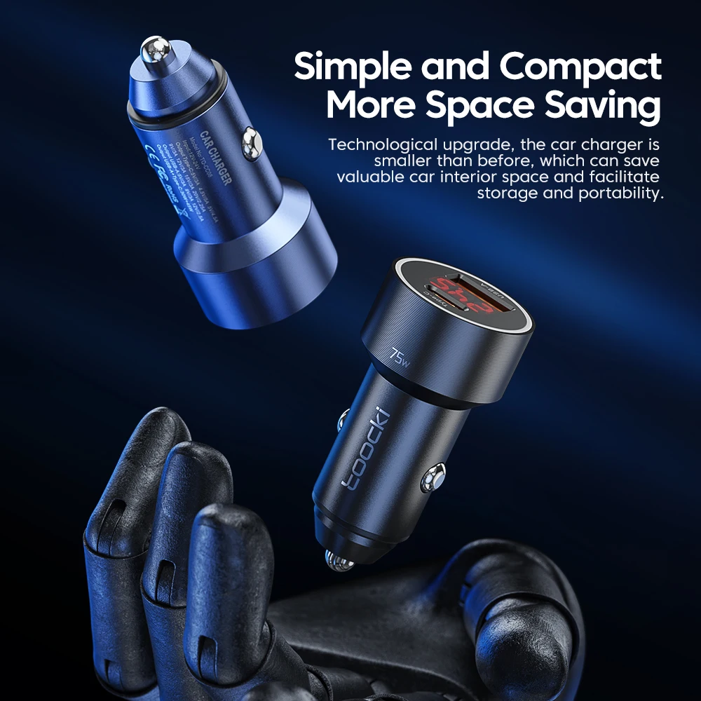 Hot Selling 12V 75W USB With PD Port Super Fast Charging Digital Display Mini Car Charger For Cellphone