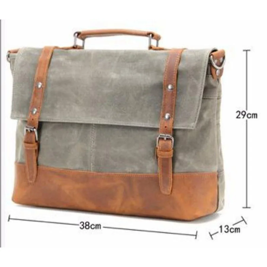 15.6inch Waterproof Waxed Canvas Genuine Leather Briefcase Computer Laptop Messenger Bag Large Satchel Shoulder Bag