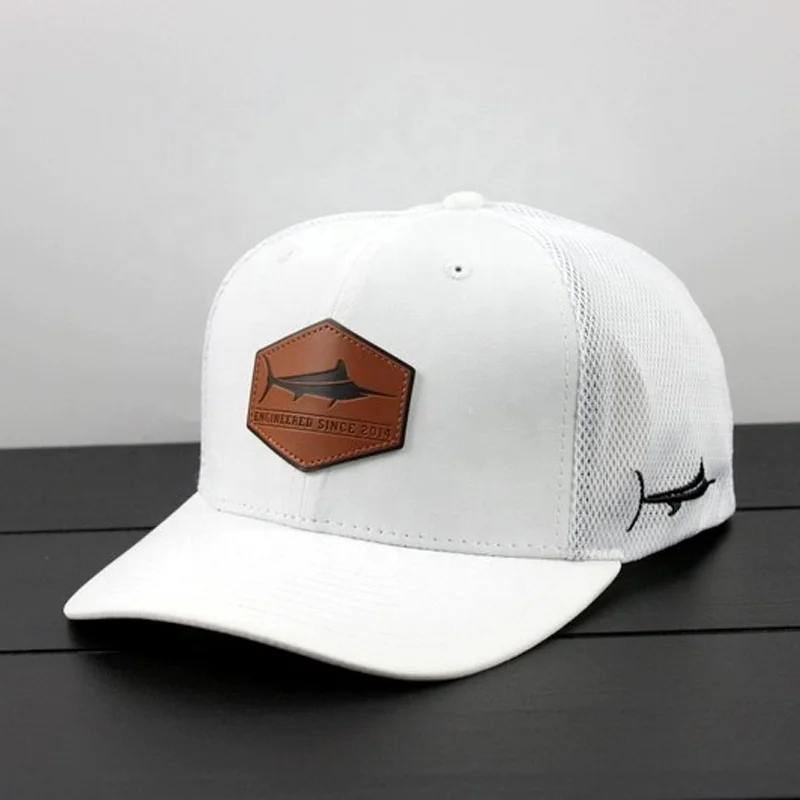 Design Your Leather Patch Trucker Hat 6 Panel White Custom Hat FishingTrucker Cap