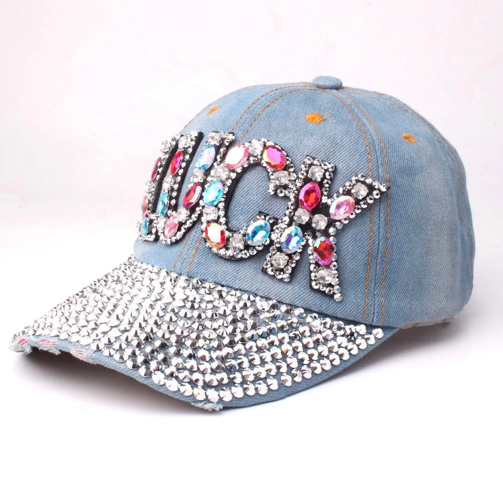 Jean Hats Women Baseball Cap 6 Panel Custom Vintage Distressed Denim Rhinestone Big Bling Rhinestone Studded Baseball Hat
