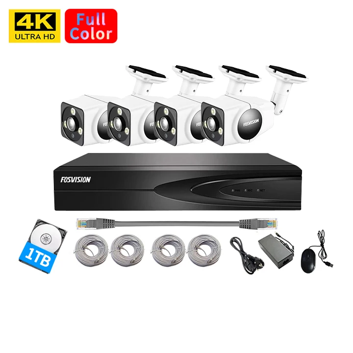 Fosvision Hd Video 4K/8mp Ip Poe Camera System 4ch Poe Nvr Camera Kit Set 4 Channel Nvr Home Security Cctv System 1HDD