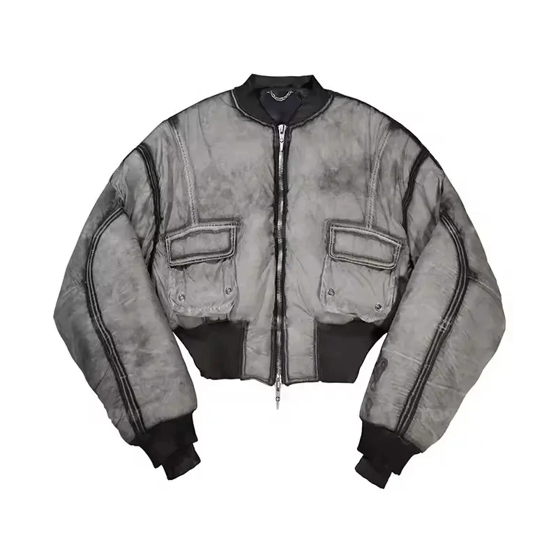 Custom Winter Double Zipper Cargo Pockets Zip Up Acid Washed Vintage Zip Up Cropped Bomber Jacket Men