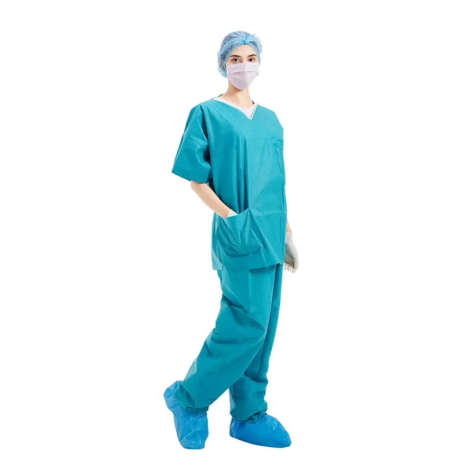 Lake Blue Disposable Scrub Suit New Designs 3 Pockets Manufacturing Outlet