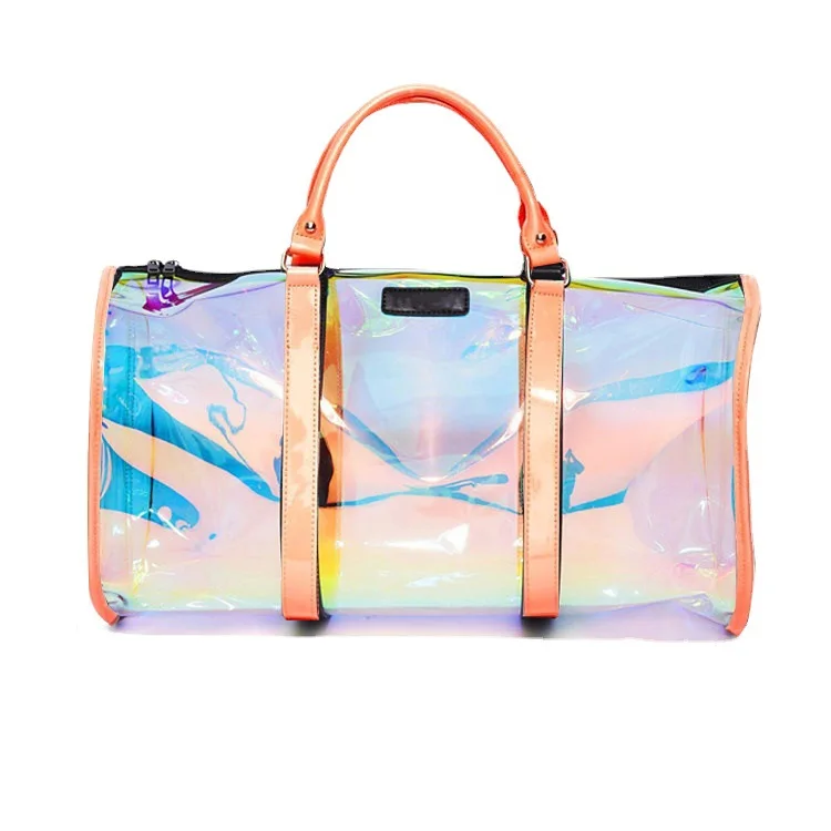 Customized Logo Overnight Gym Bag Waterproof Laser Pvc Transparent Spend The Night Minimalist Travel Duffle Bag