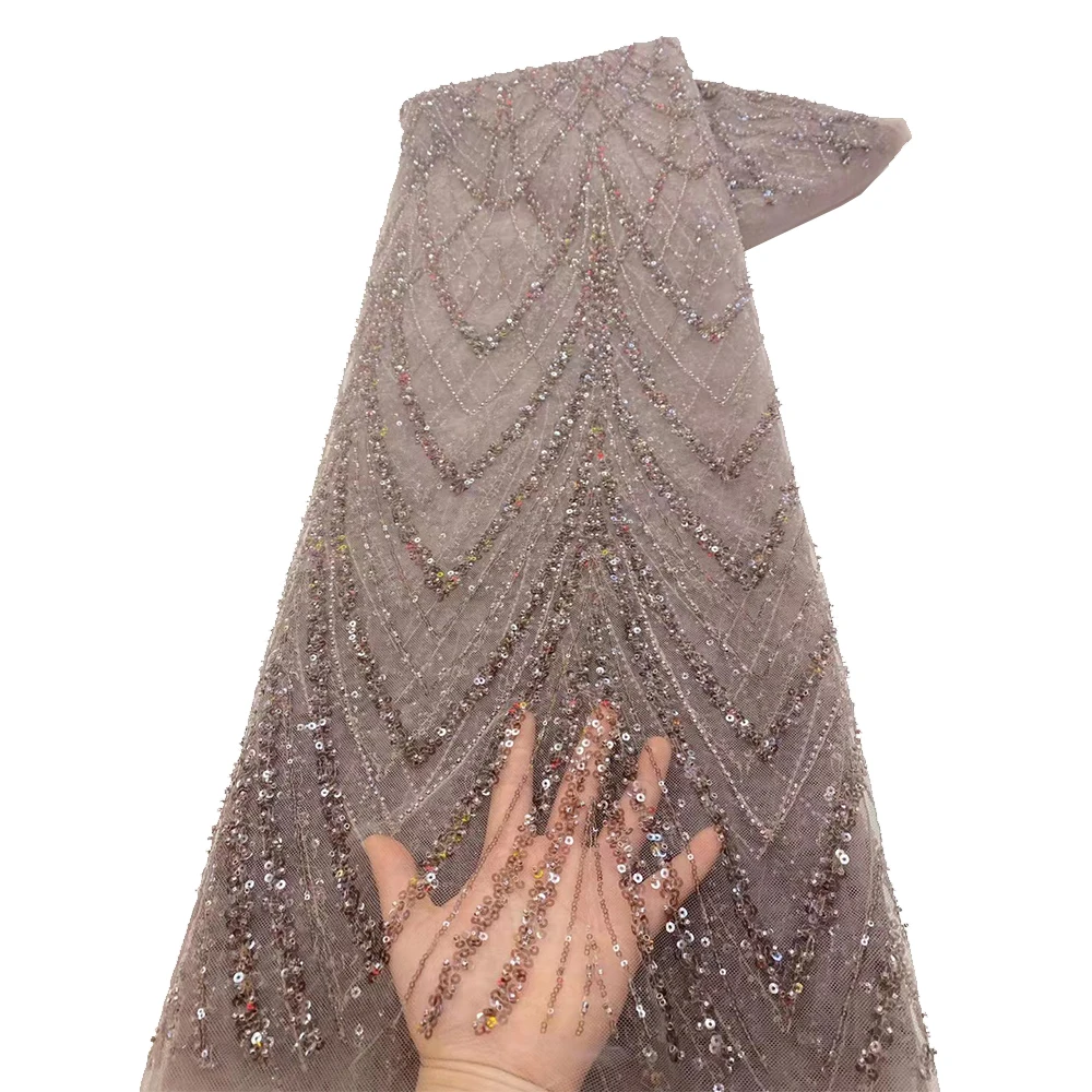 NI.AI Baby Pink Sequins French Lace Fabric With Sequence And Embroidered High Quality Beaded Lace Fabric For Women Party Dress