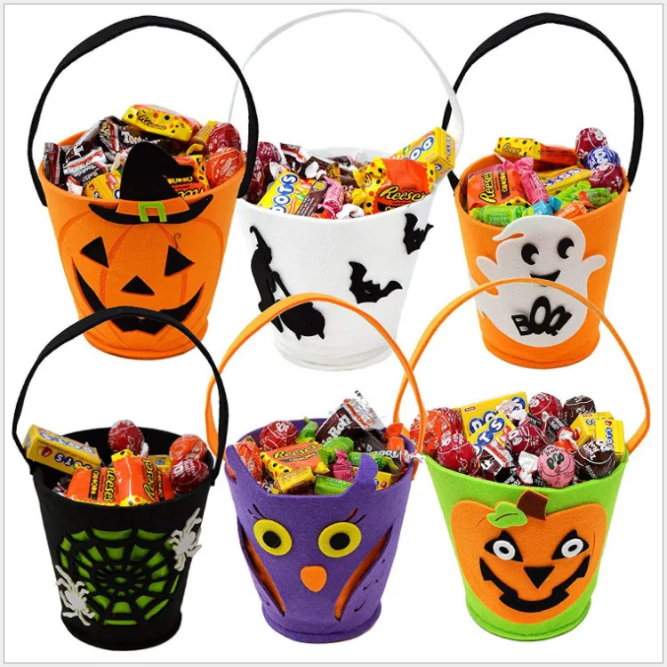 Partycool Halloween Bucket Trick Or Treat Bag Pumpkin Felt Candy Bucket Bag Reusable Hand Held Pumpkin Ghost Goody Bucket