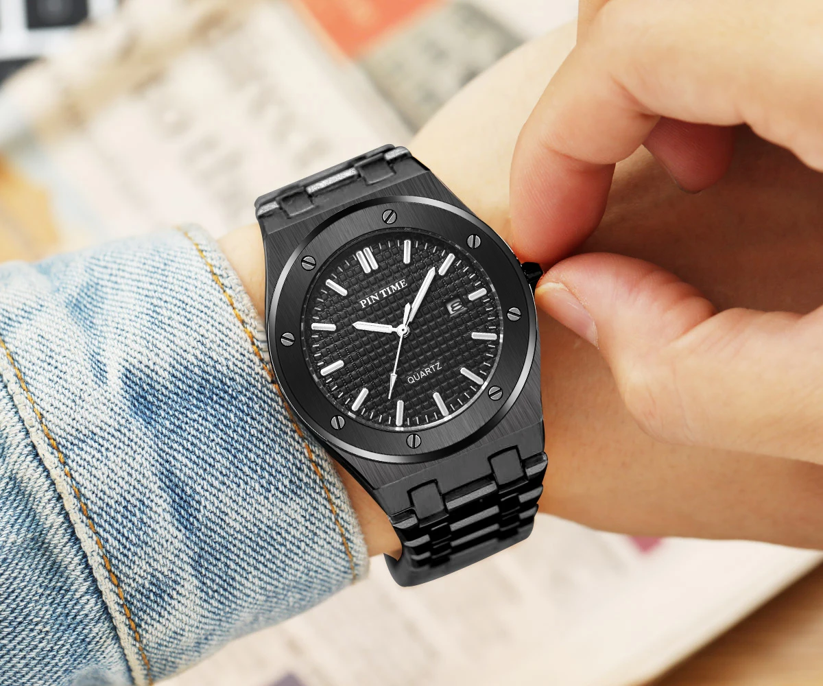 Часы PINTIME Мужские кварцевые, модные повседневные Стальные Роскошные водонепроницаемые в стиле милитари, с датой