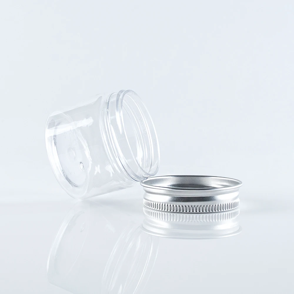 stock clear PET cosmetic cream jar with silver lid for ointment or balm