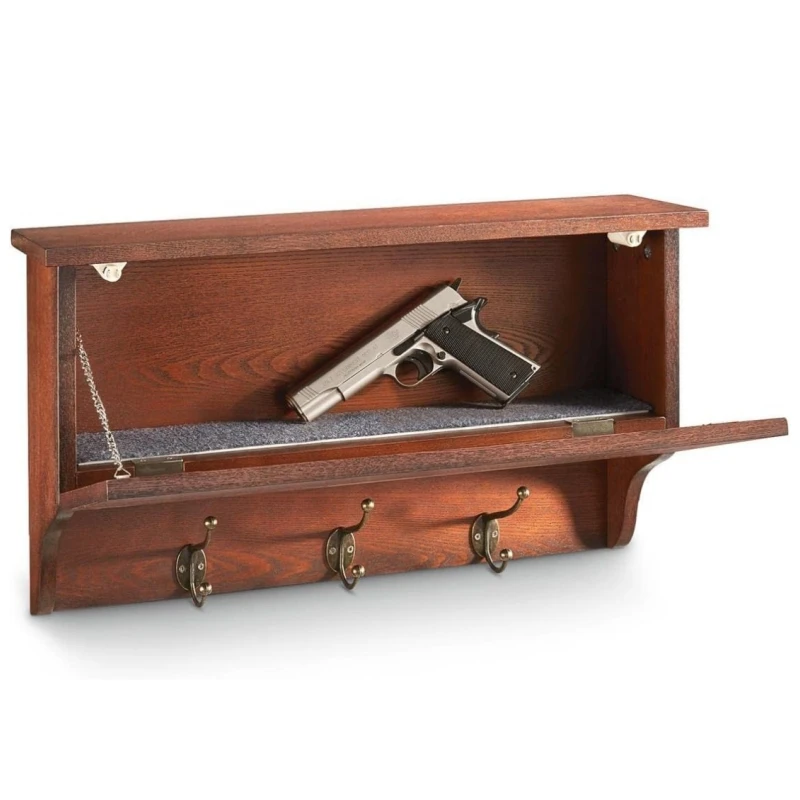 Rustic Wall Mounted Wood Concealment Shelf Storage Organizer Wooden Floating Shelf With 3 Hanging Hooks and Secret Compartment