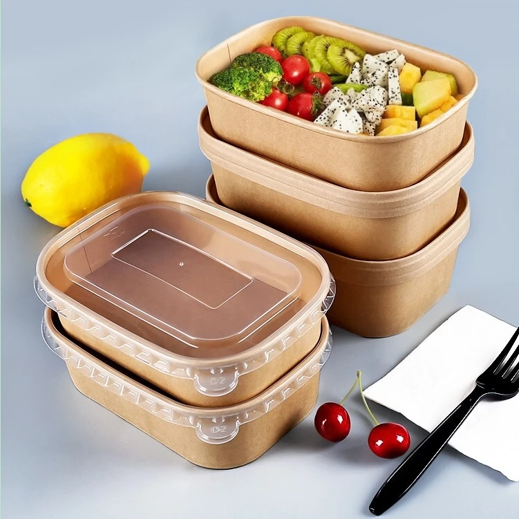 Environmentally Friendly Disposable Kraft Paper Lunch Box with Lid Fast Food Takeaway Salad Packing Bowl for Food Containers