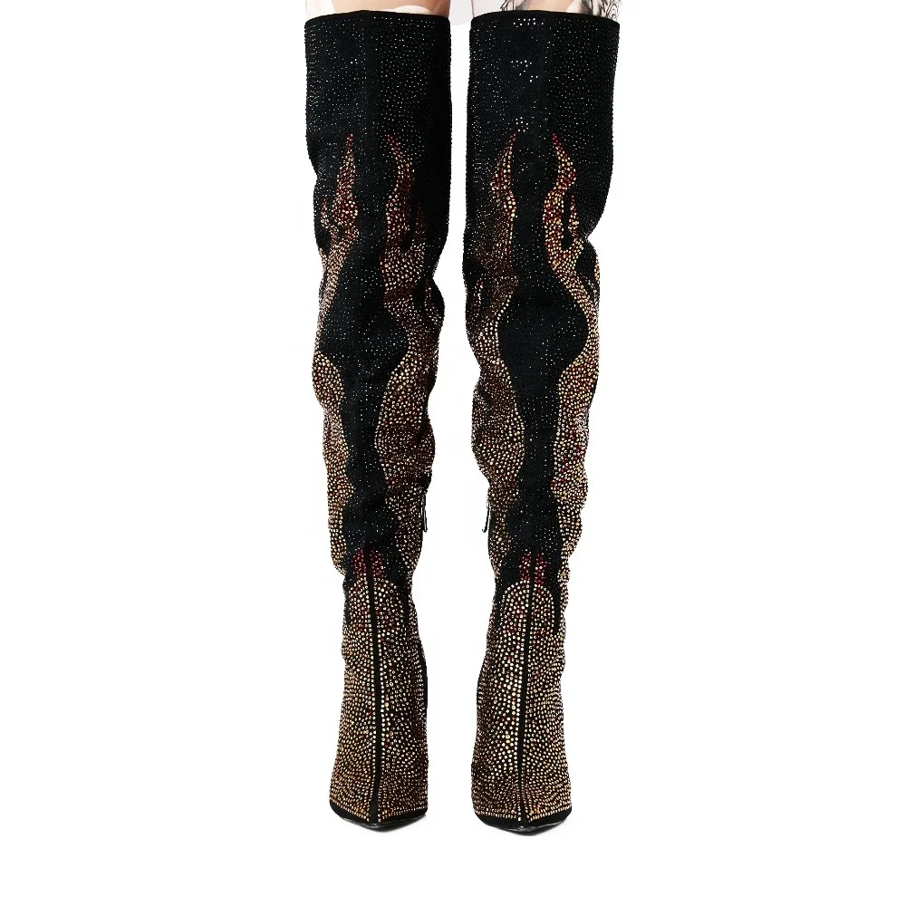 New arrival rhinestone thigh high stiletto boots for women and ladies factory wholesale