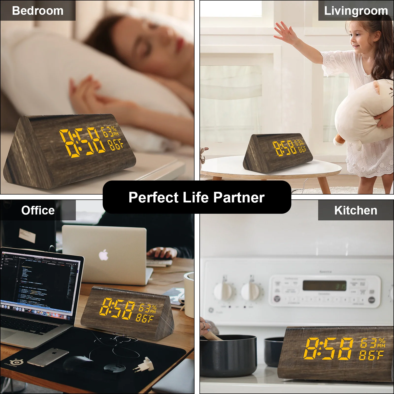 New Custom Logo Alarm Clock Home Decor Wood Digital Triangle Desk Clock With Humidity Temperature Display