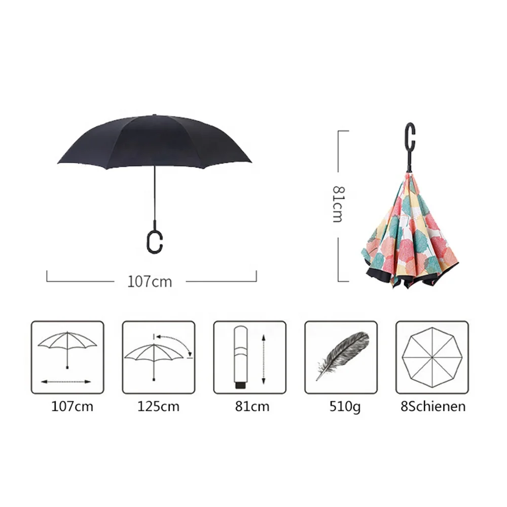 Herzo double canopy inverted C handle for car wind proof auto open fiberglass reverse umbrella