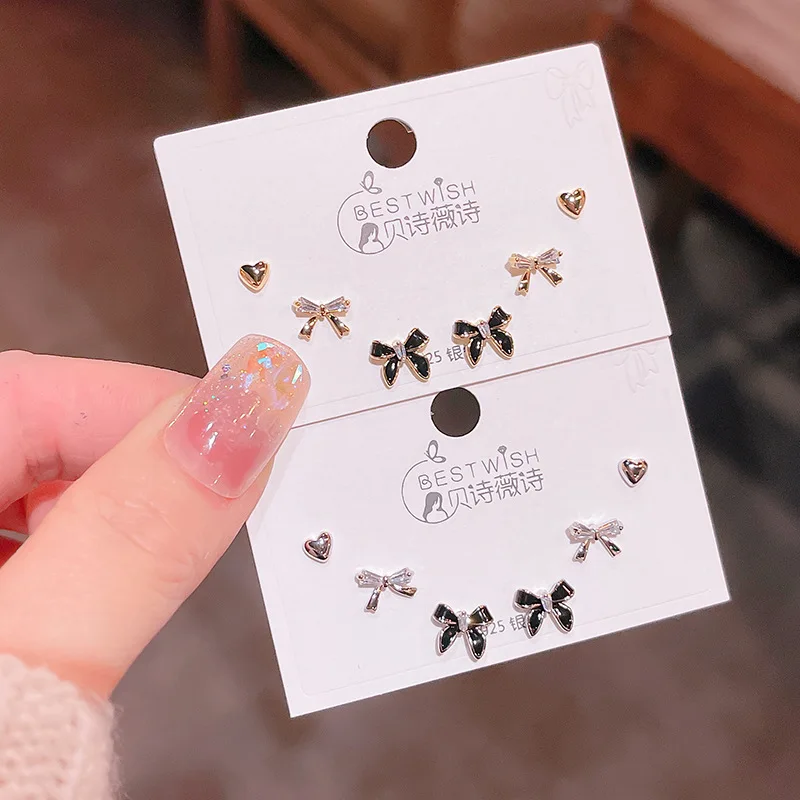 FanYue custom 2024 high quality 14K real gold plated copper zircon bow knot oil drip heart 3 pairs/set earrings set for women