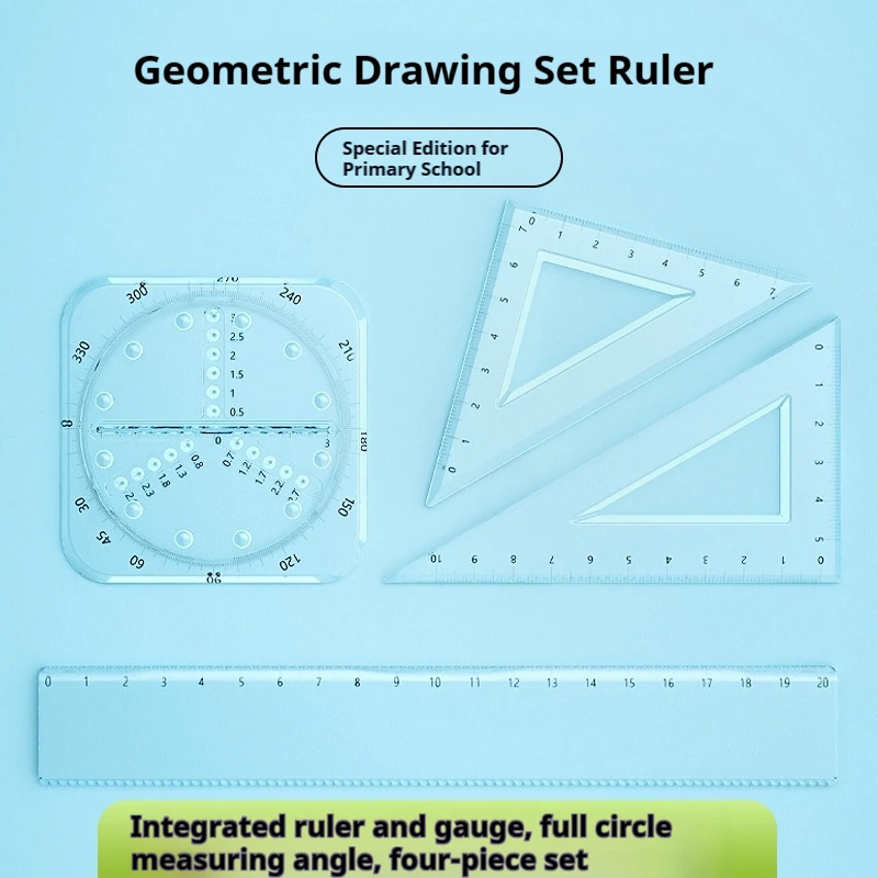 Multi-Functional Four-Piece Transparent Ruler Set: Measuring, Drawing, Teaching Stationery with Wave Ruler and Triangular Plate