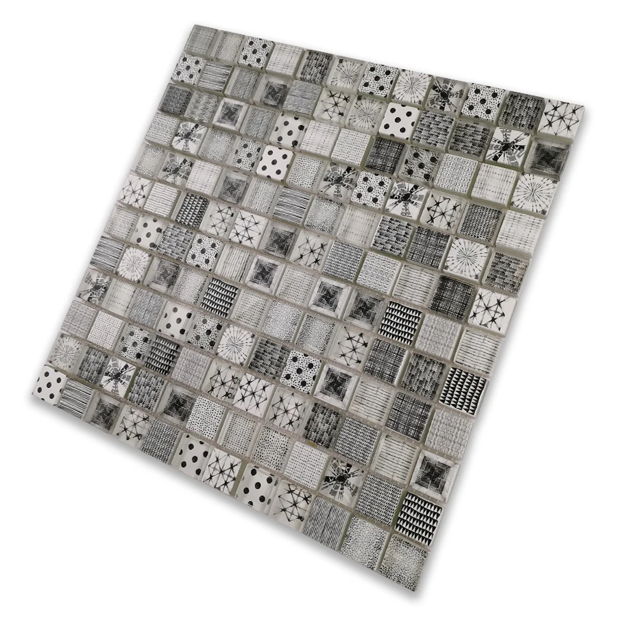 GUCI black white printed Moroccan crystal glass mosaic simple elegant wall decoration idea tile