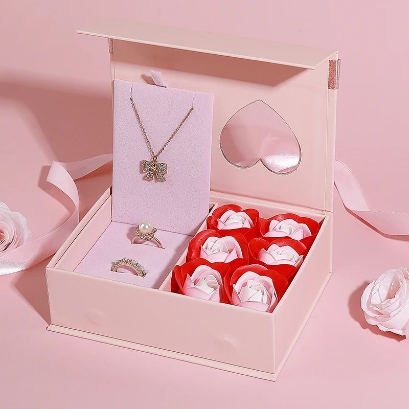 Custom Logo Magnet Ribbon Soap Flower Gift Boxes With Window For Jewelry Packaging