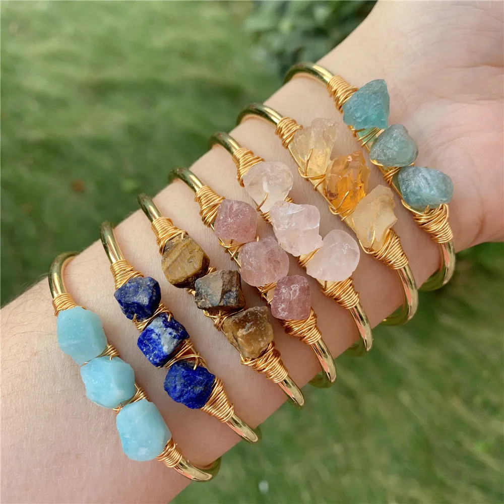 
Wire Wrapped Natural stone gemstone moissanite Bangle Natural quartz amethyst crystal birthstone cuff Bracelet bangle jewelry 