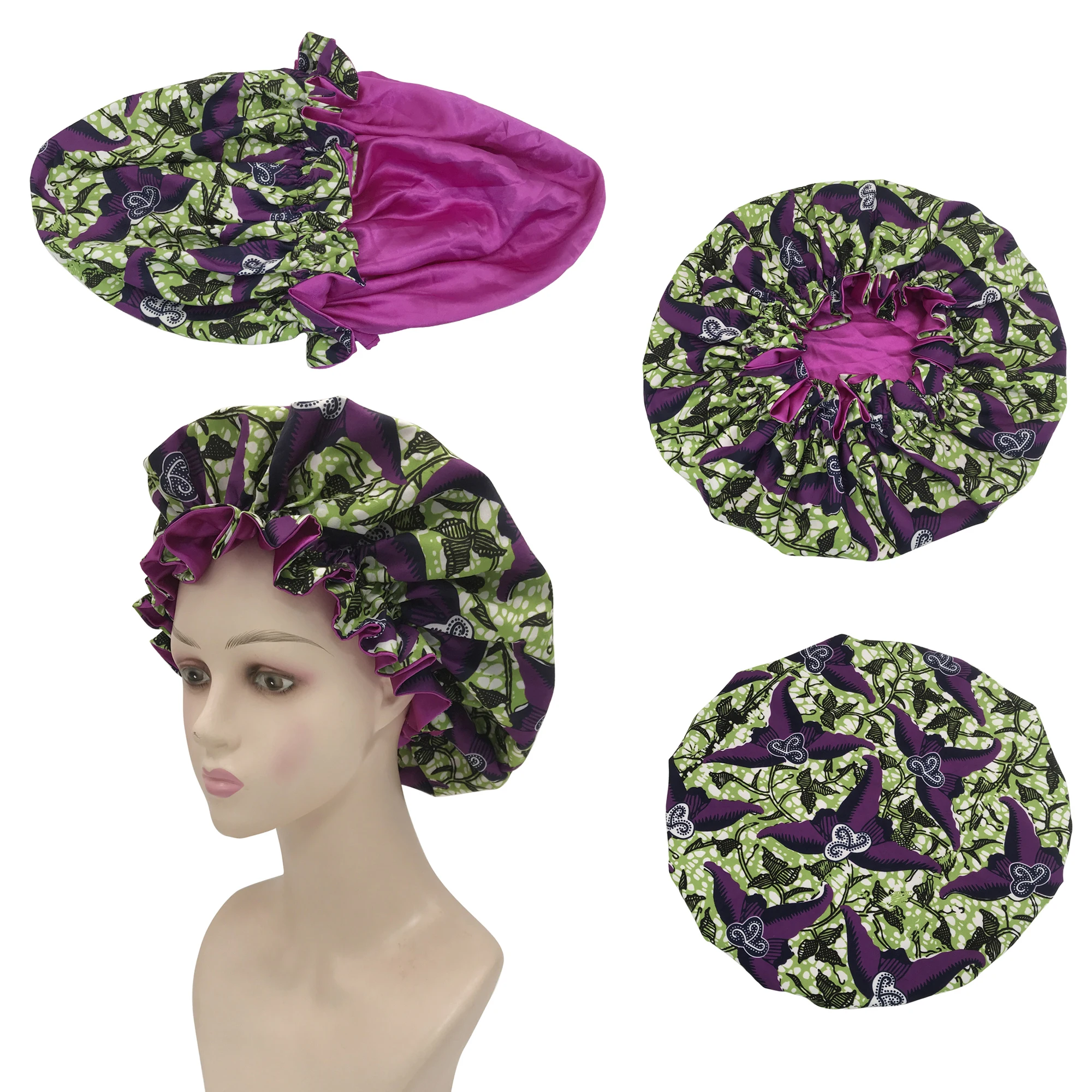 Fashion African Style Ankara Pattern Bonnet Set Daily And Night Wear Sleep Caps Colorful satin silk Hair Bonnet