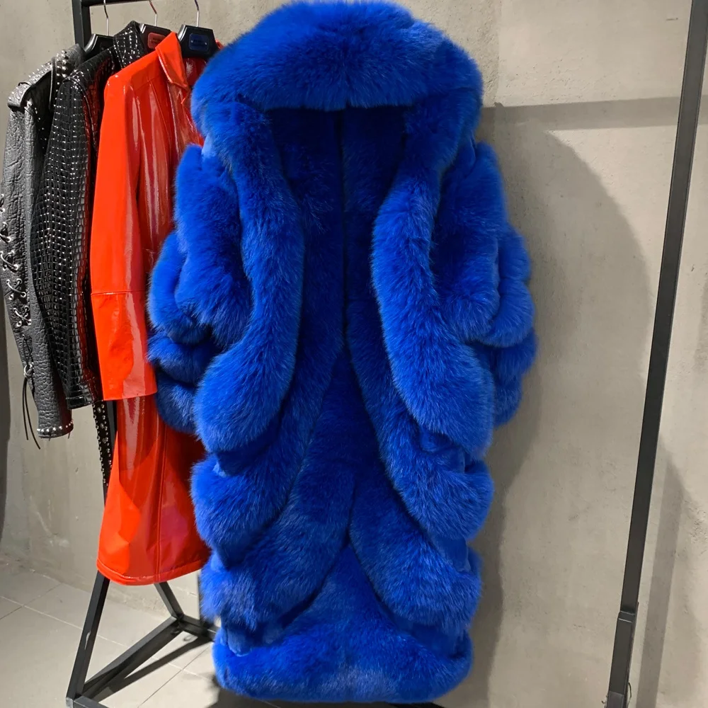 Trendy 2024 winter thick fur jackets luxurious loose long fur coat dark blue womens fur coats