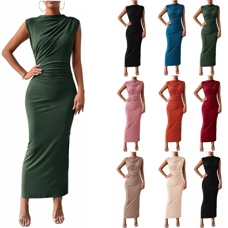 Channel 2024 Summer Women Casual Empire Waist Breathable Split Back Solid Ruched Sleeveless Bodycon Maxi Dress