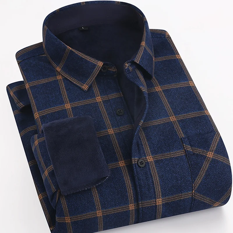 Wholesale man winter warm shirt long sleeve 100% polyvinyl acetate fiber autumn and winter plaid plush and thick warm shirt