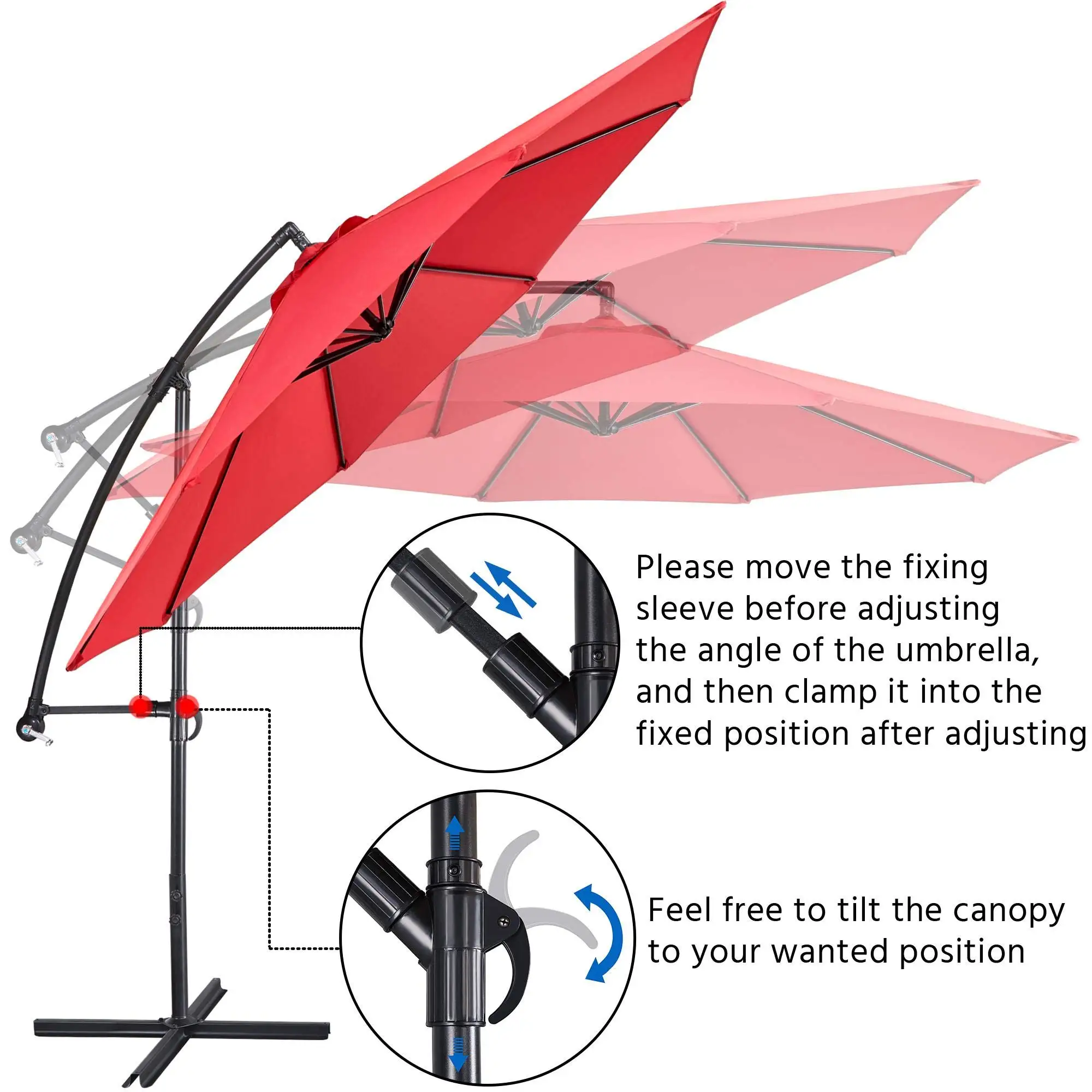 Simple Deluxe 10ft Adjustable Offset Umbrella Outdoor Market Cantilever Sun Umbrella 300cm Red for Garden Lawn backyard and Deck
