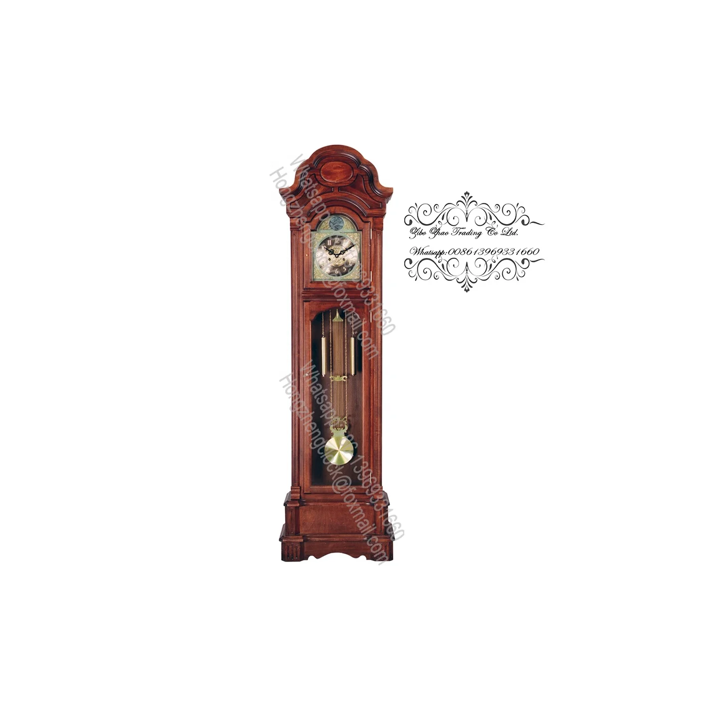 Solid Wood Grandfather Clock Graceful bonnet pediment with a decorative overlay on the crown