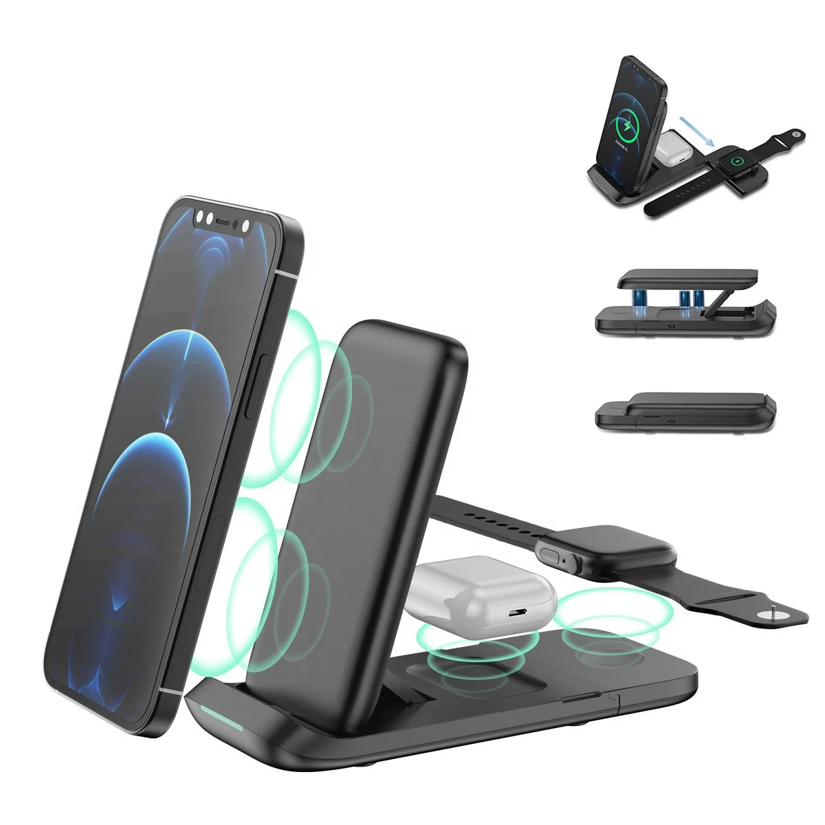 3 in 1 Magnetic Folding Mobile Phone Holder with New Wireless Charger Storage Holders & Racks