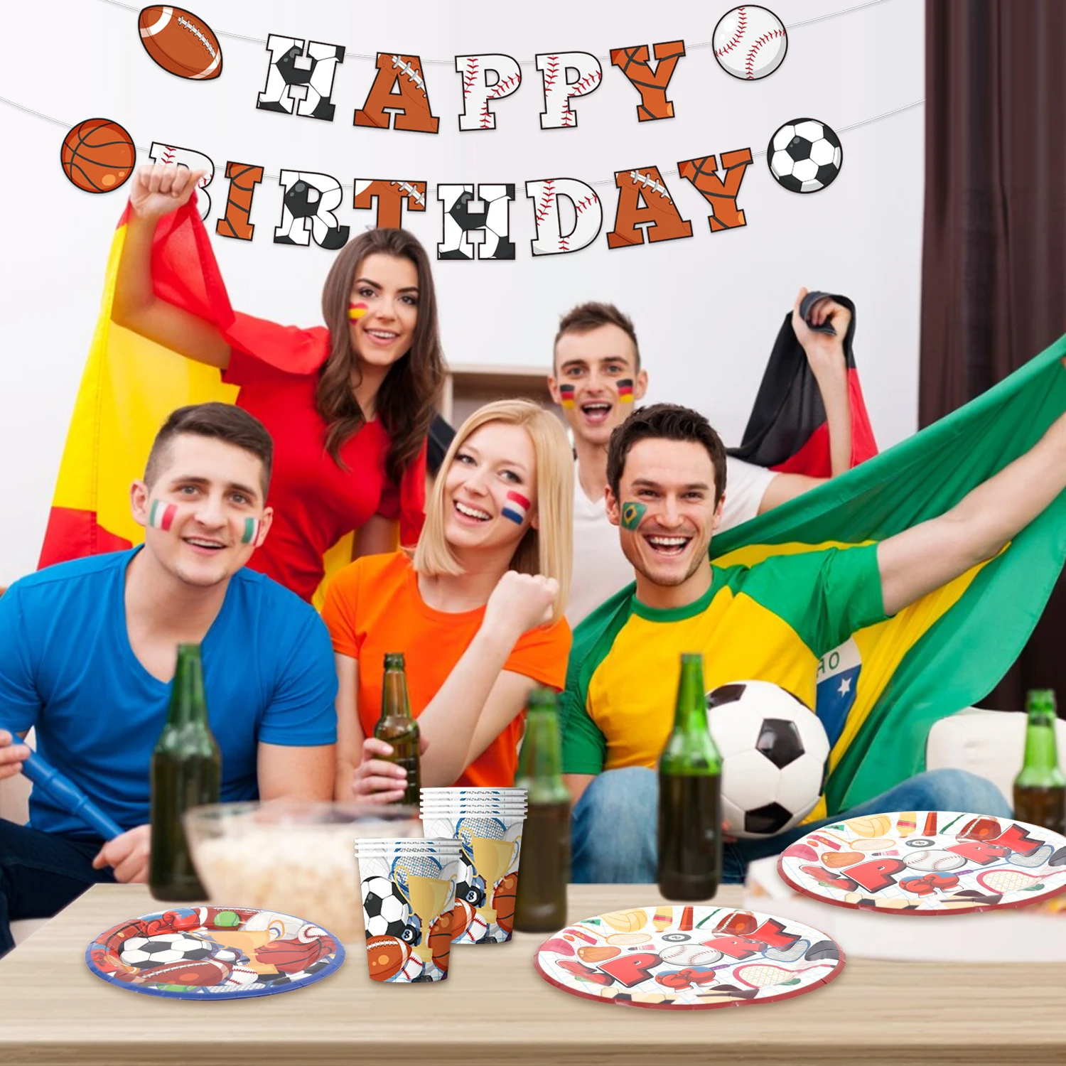 Pafu in Stock 16Pcs  Football Party Tableware Kit Sports Themed Happy Birthday Boys Napkin Plates Basketball Cups Paper Banners
