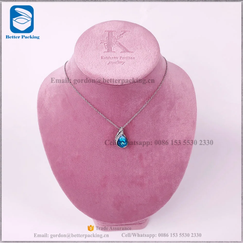 DT015N C Factory customized Blind Stamped LOGO Pink Velvet Jewelry display necklace bust Stand