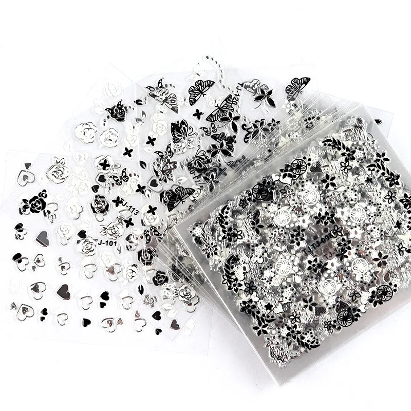 Black Love Heart Butterfly Flower 3D Self Adhesive Nail Stickers for Acrylic Nails