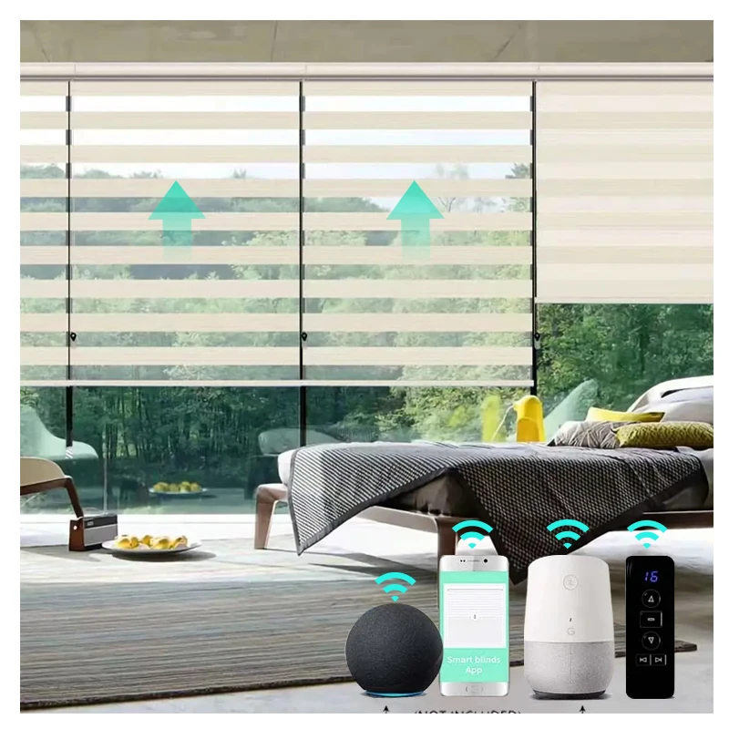 Motorized Wifi smart Home 100% Blackout double layer zebra blinds Indoor shade Window zebra roller blind