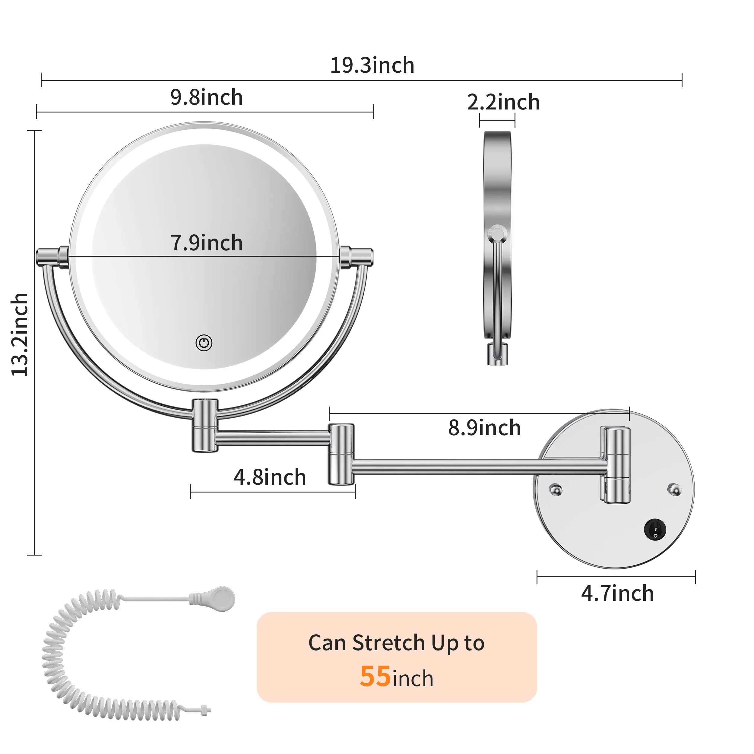 Round Extended Arm 360 Rotation Cosmetic Metal With Led Light Lighted Vanity 8 Inch Wall Mounted Makeup Mirror