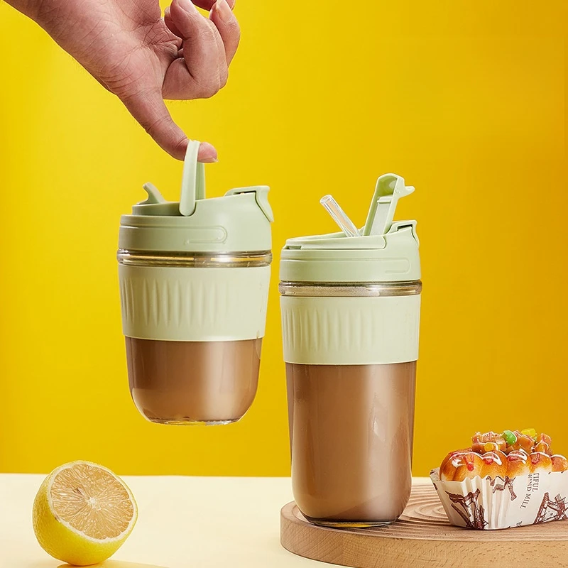 V76 Cheap Clear Double Drinking Glass Mug 500ml Eco Friendly Cute Kids Water Coffee Glass Cup With Straw And Lid