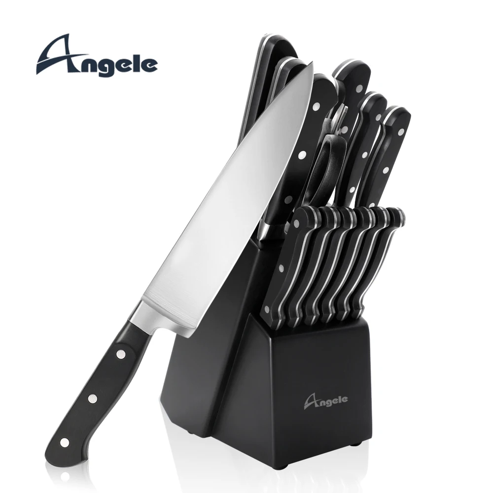 13pcs Kitchen Knife Block Set with Sharpener Stainless Steel Chef Knife with Plastic Handle