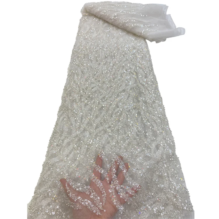 High Selling White Bridal Embroidery Beaded Lace Fabric African Beads Sequin Lace Fabric for Women Dress