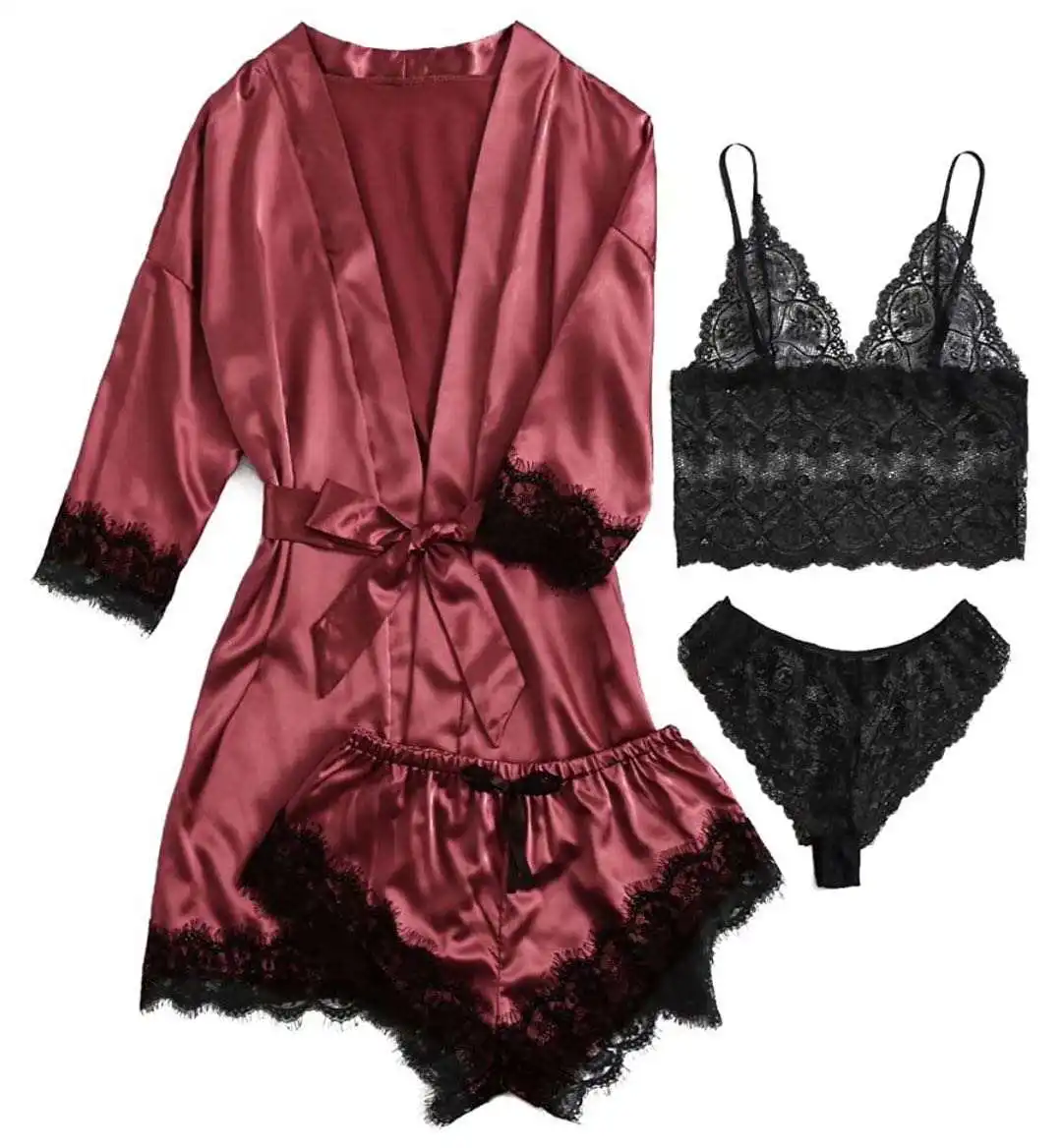 Exotic Sets Silk Satin Kimono women sleepwear Lingerie Sleepwear
