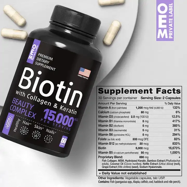 Biotin Keratin Collagen Pills Custom Diet Supplement  Hair Growth Organic Biotin Capsules