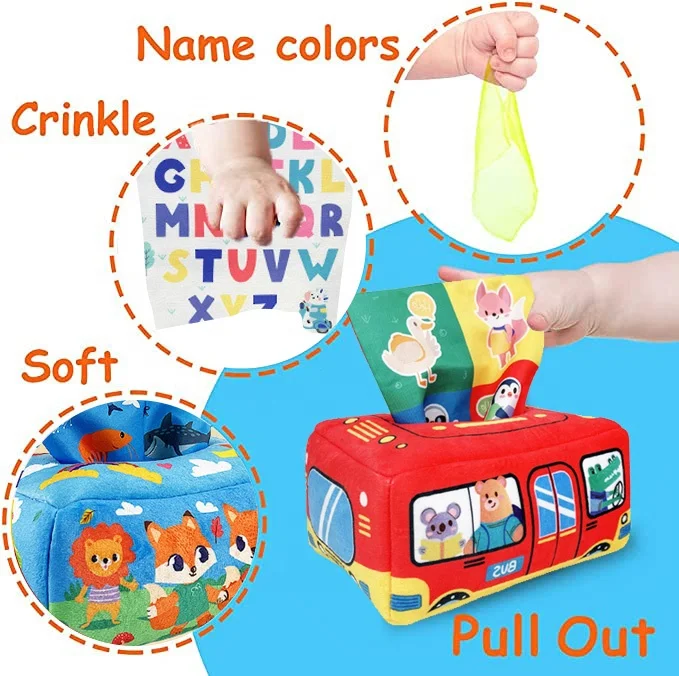Magic Tissue Box Baby cartoon animal Toy, Infant Newborn Kids Toddlers Sensory Box Crinkle Paper Toys