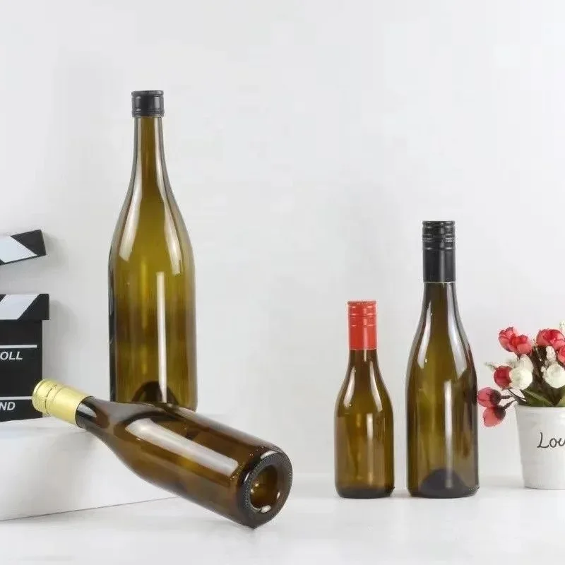 1L 750ml red wine glass bottle Amber Dark brown Green color Burgundy glass bottle with cork