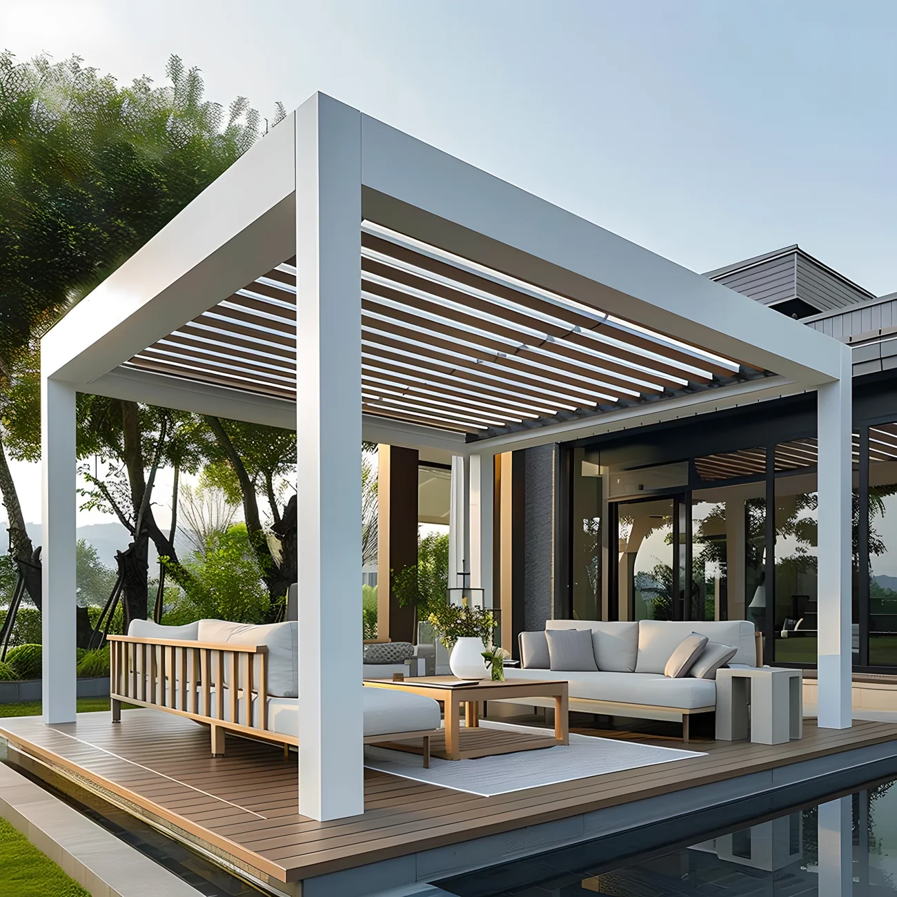 retractable louvered patio corner outdoor pergola gazebo 90 degree brackets attached to house rain cover
