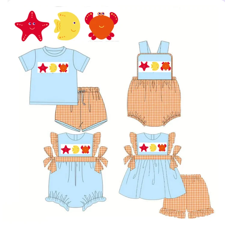 Factory Custom Toddler Sea Friends Applique Clothes Embroidery Kids Fishing Outfits Summer Boutique Smocked Children Clothing