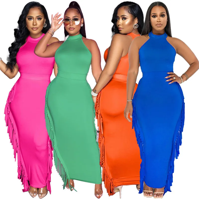 2023 Sold color hollow out maxi dresses sundress fringe dress women fashion long evening party summer tassel dress