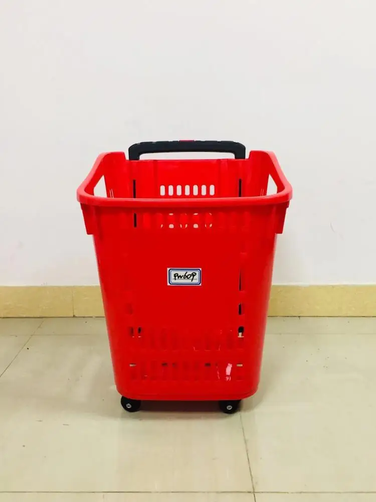 MOQ 20 PCS Big Size Folding Handle 55L Supermarket Plastic Shopping Basket,  4 Wheels Plastic Trolley Rolling Cart
