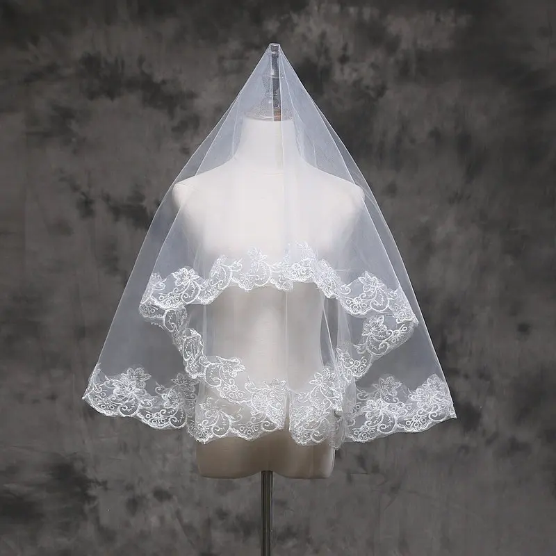  Wholesale 3 4 5 Meters cheap price two-tier embroidery edge white bridal veils lace wedding veil for
