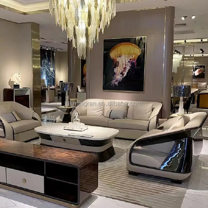 Italian light luxury leather living room sofa  leather sofa set Dubai sofa villa furniture luxury