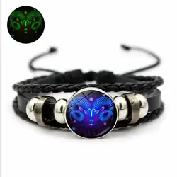 2021 Zodiac Sign Black Braided Star Glass Dome Jewelry Punk Luminous Braided Leather Jewelry Bracelet