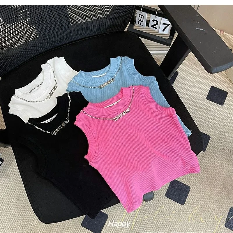 2024 Wholesale Summer Baby Children Tops Sleeveless Cotton Print Casual Girls T-shirts